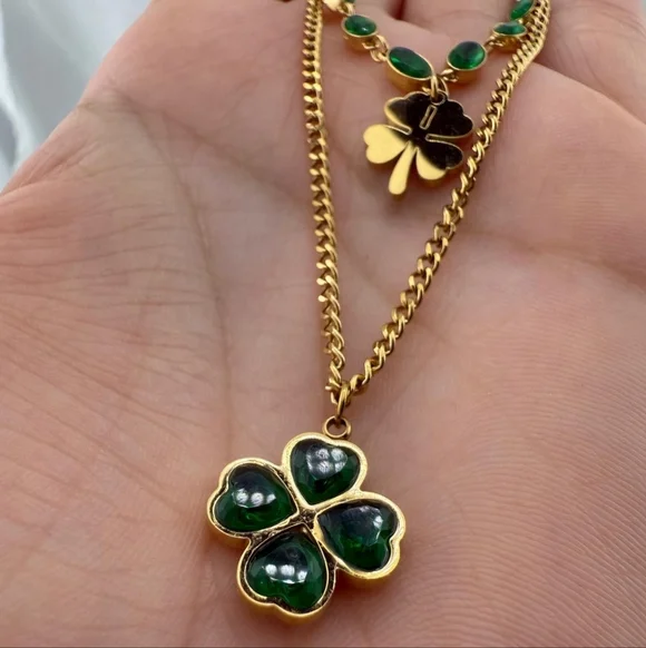 Anthropologie Stainless Steel Gold and Green Clover Necklace Set - Picture 4 of 6